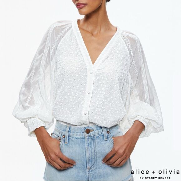 Alice + Olivia **NWT** Lang Embroidered Button Down Blouse in White - Picture 1 of 12